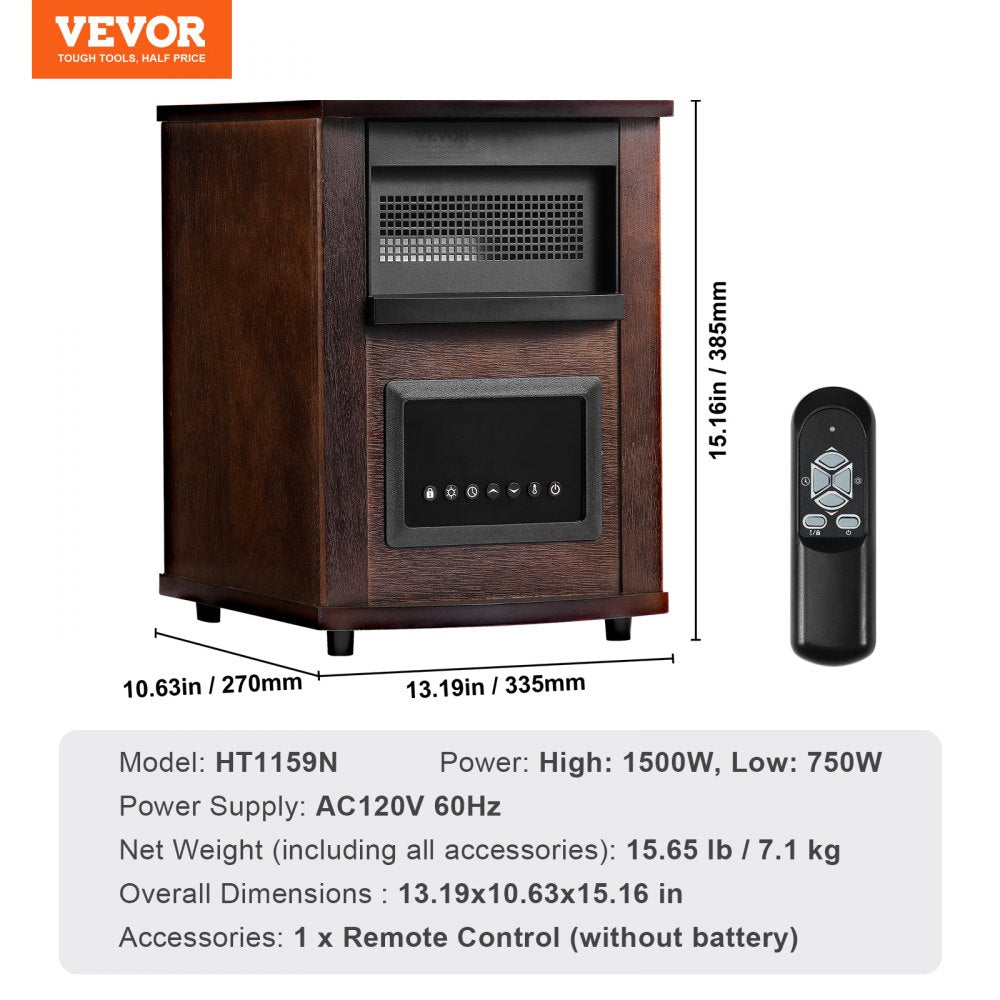 VEVOR Infrared Heater, 1500W Remote Control Electric Space Heater, LED Patio Heater w/ 3 Speeds & Timer & Overheat/Tip-Over Protection & Child Lock, for Bedroom,Living Room,Nursery,Studio,MDF