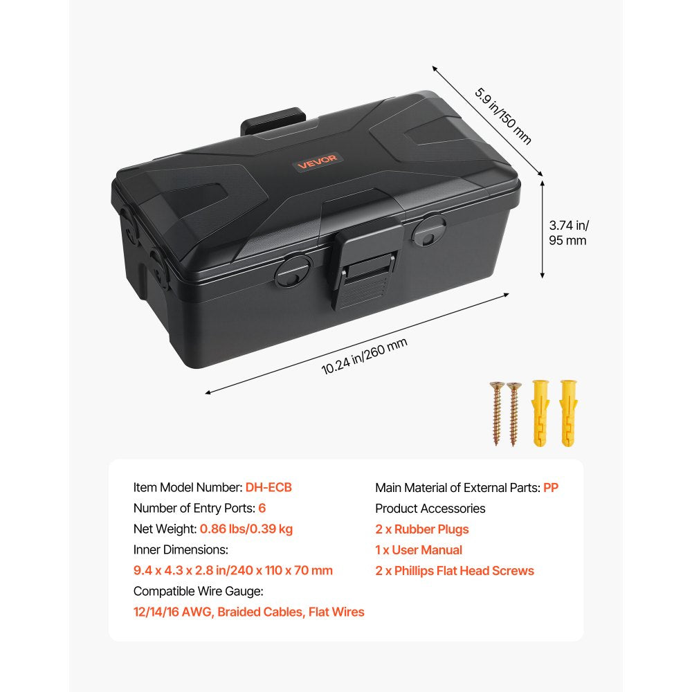 VEVOR Outdoor Electrical Box Waterproof, 9.4 x 4.3 x 2.8 in, IP54 Weatherproof Extension Cord Cover, Large Outlet Connection Box Plug Protector with 6 Cable Entry, for Power Strip, Holiday Light Decor