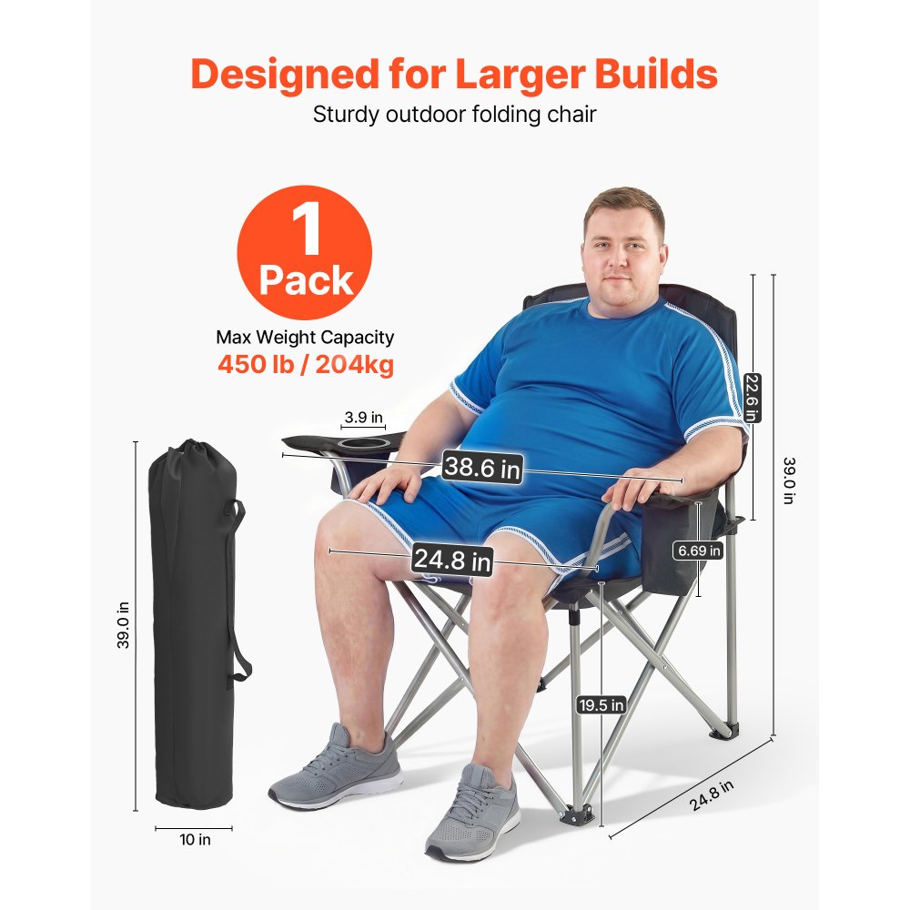VEVOR Camping Folding Chair for Adults, Portable Heavy Duty Outdoor Quad Lumbar Back Padded Arm Chairs with Side Pockets, Cup Holder and Cooler Bag for Beach, Lawn, Picnic, Fishing, Backpacking, Black
