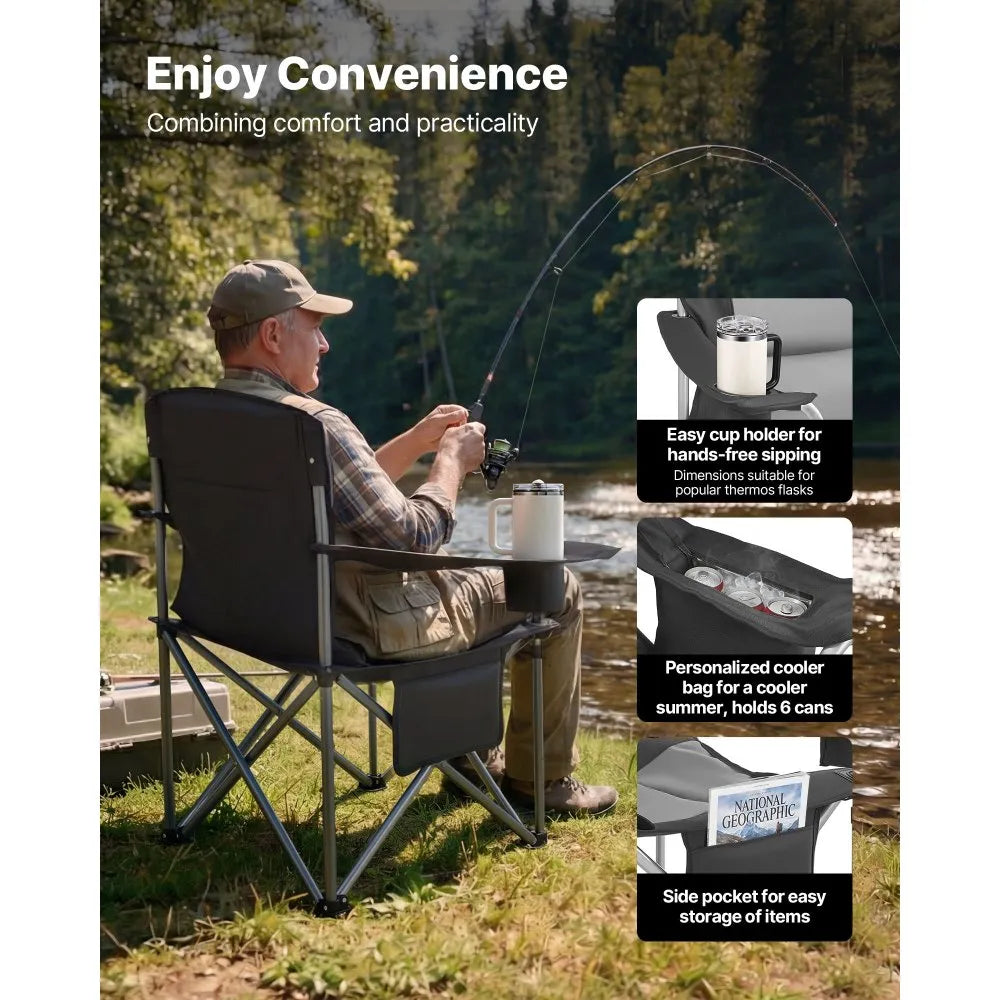 VEVOR Camping Folding Chair for Adults, Portable Heavy Duty Outdoor Quad Lumbar Back Padded Arm Chairs with Side Pockets, Cup Holder and Cooler Bag for Beach, Lawn, Picnic, Fishing, Backpacking, Black