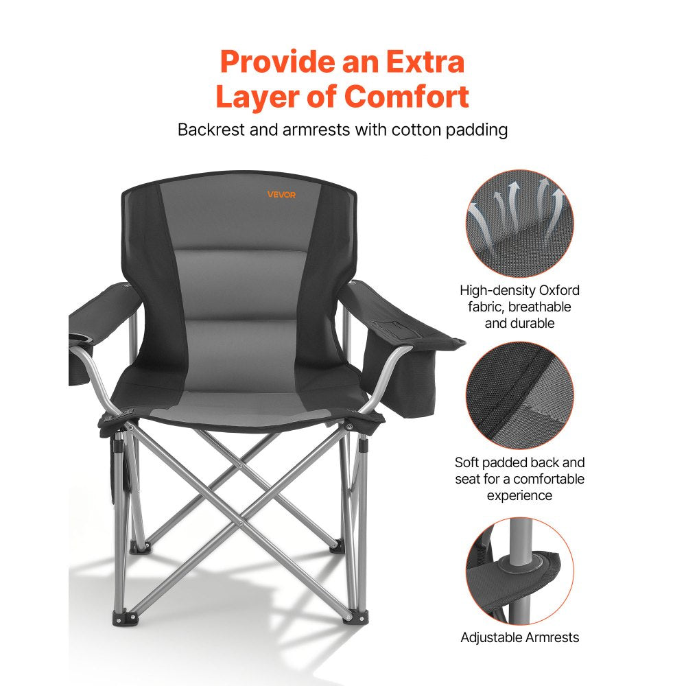 VEVOR Camping Folding Chair for Adults, Portable Heavy Duty Outdoor Quad Lumbar Back Padded Arm Chairs with Side Pockets, Cup Holder and Cooler Bag for Beach, Lawn, Picnic, Fishing, Backpacking, Black