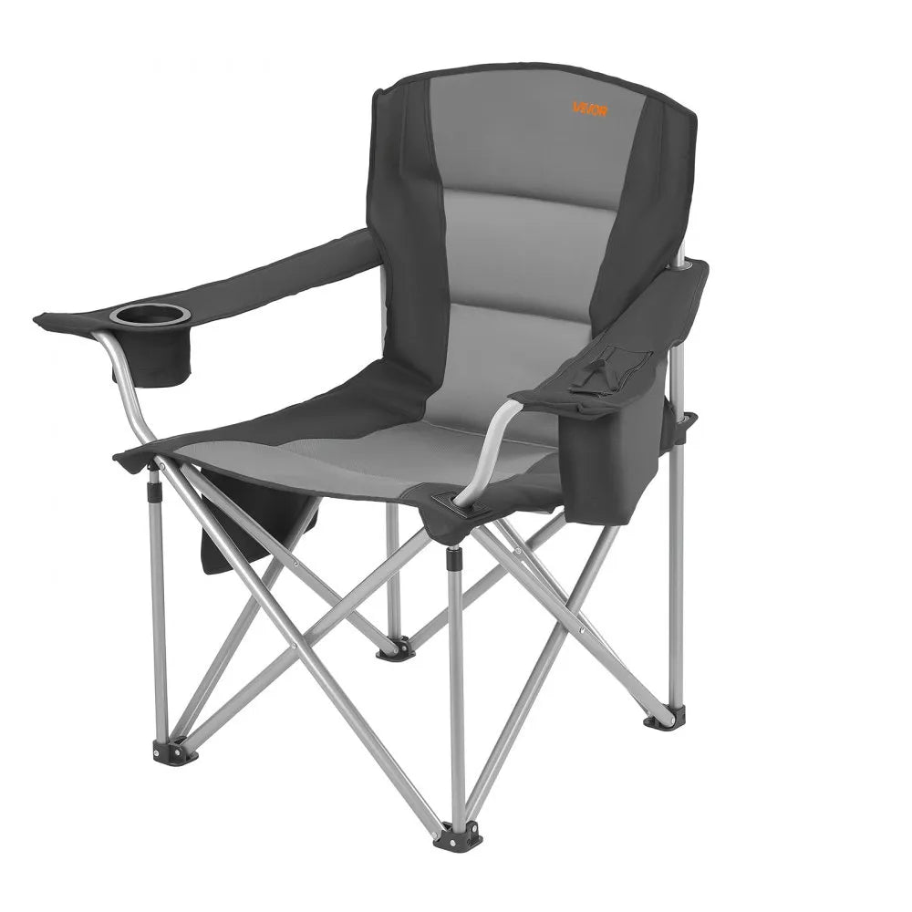 VEVOR Camping Folding Chair for Adults, Portable Heavy Duty Outdoor Quad Lumbar Back Padded Arm Chairs with Side Pockets, Cup Holder and Cooler Bag for Beach, Lawn, Picnic, Fishing, Backpacking, Black