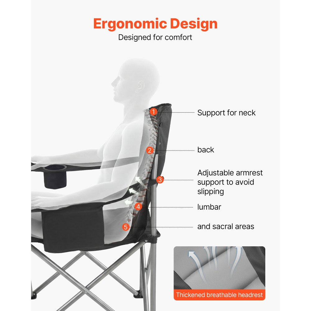VEVOR Oversized Camping Chairs, 450 lbs Heavy Duty Support, Portable Folding Camp Chairs with Padded Backrest & Armrests, Cup Holder & Side Pocket, Cooler Bag, Carry Bags for Outdoor, Fishing, 2 Pack