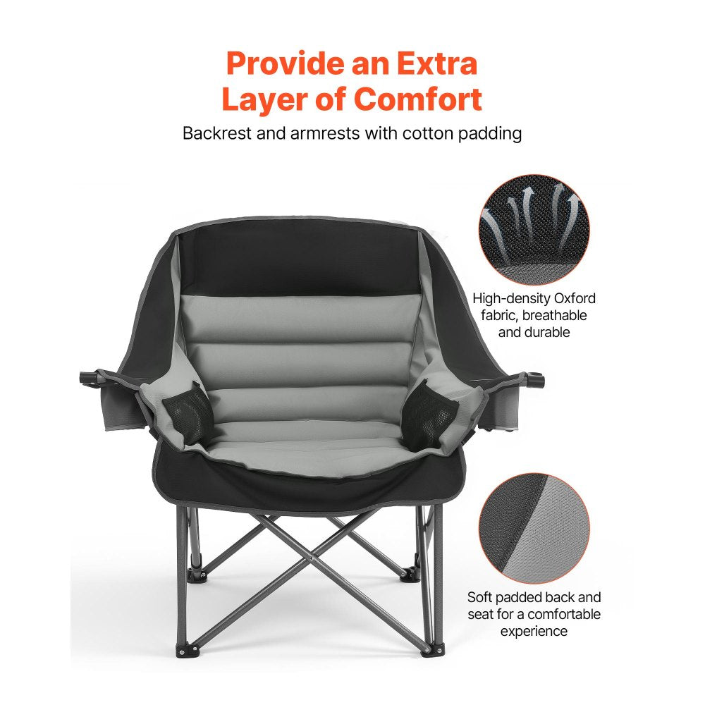 VEVOR Oversized Camping Chairs, 450 lbs Heavy Duty Support, Portable Padded Folding Camp Chairs with Dual Cup Holders & Wine Glass Holders, Carry Bag for Outdoor, Fishing, Black & Gray, 1 Pack