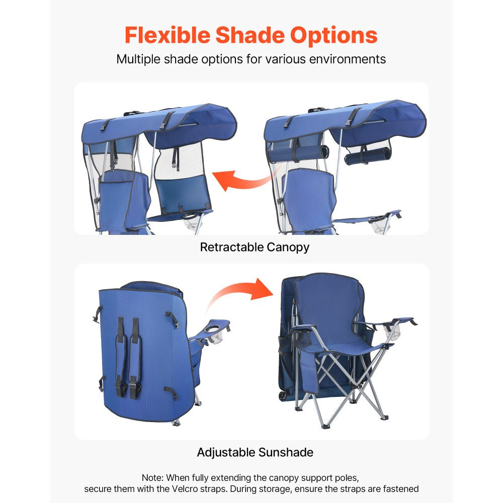 VEVOR Camping Chair with Canopy Shade, Folding Beach Chair with Canopy & Magazine Pocket, 2 Cup Holders, 330 lbs Heavy Duty Support, Carry Bags for Outdoor, Camp, Fishing, Tailgates, Deep Blue