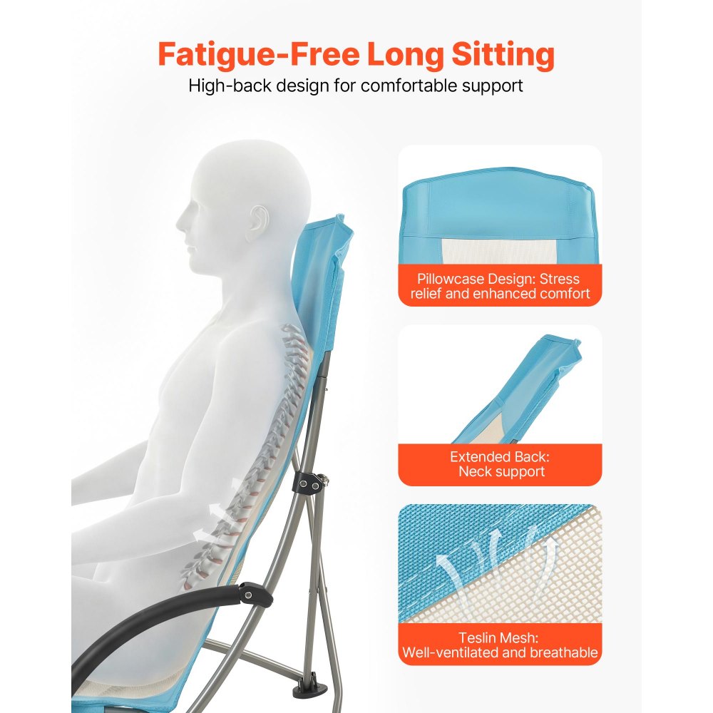 VEVOR Folding Beach Chair, High Back Camping Chairs for Adults, with Cup Pocket, Mesh Back, Carry Bag, Portable Extra Wide Seat Chair 330 lbs Heavy Duty Support, for Outdoor, Camp, Light Blue, 2 Pack