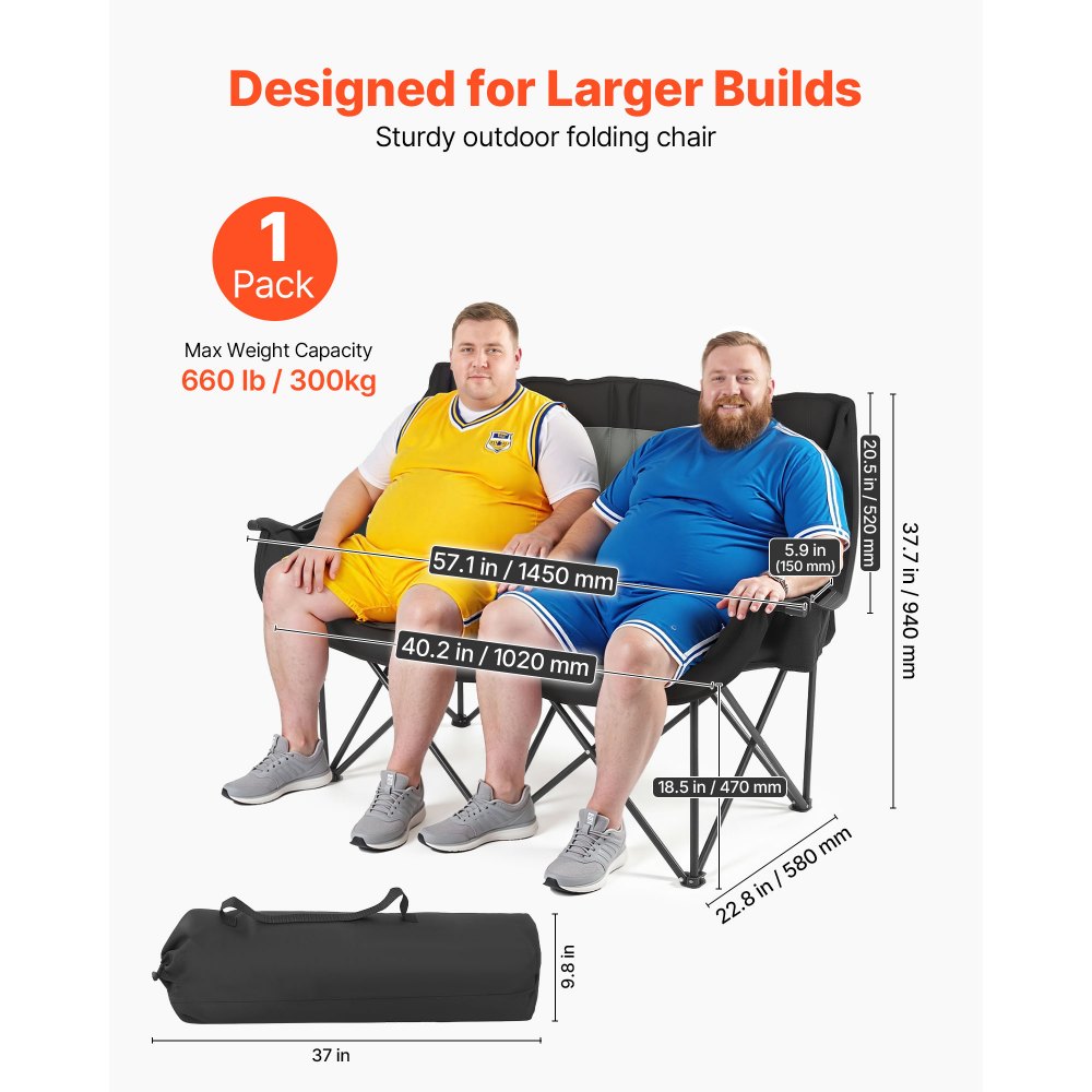 VEVOR Double Camping Chair, Oversized Two Person Camp Chair with 660 lbs Heavy Duty Support, with Dual Cup Holders, Wine Glass Holders, Magazine Straps, Carry Bags for Outdoor, Beach, 1 Pack