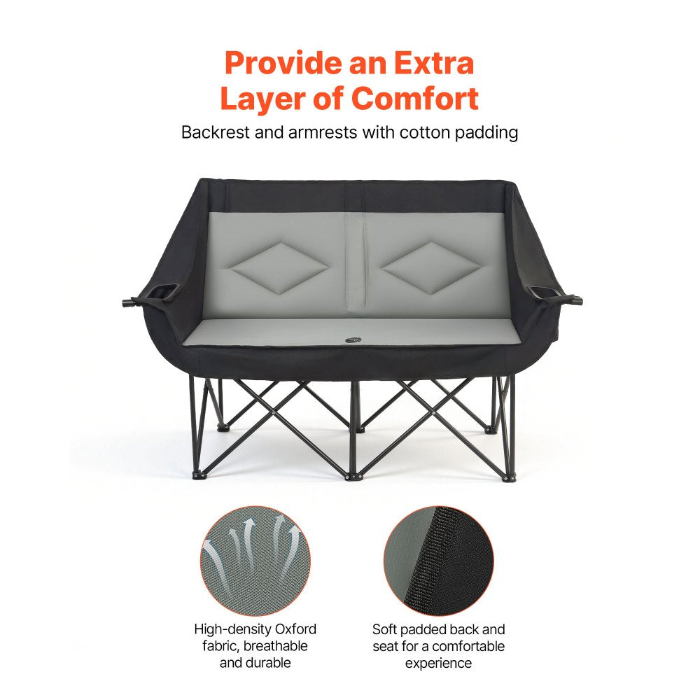 VEVOR Double Camping Chair, Oversized Two Person Camp Chair with 660 lbs Heavy Duty Support, with Dual Cup Holders, Wine Glass Holders, Magazine Straps, Carry Bags for Outdoor, Beach, 1 Pack