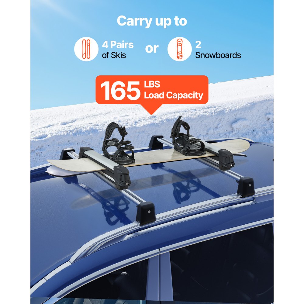 VEVOR Ski & Snowboard Roof Rack, Carry up to 4 Pairs of Skis or 2 Snowboards, 2 PCS Aluminum Universal Car Roof Rack with Lock & Rubber Padding, Carrier for Fishing Rod, Fit Most Slotted Crossbars