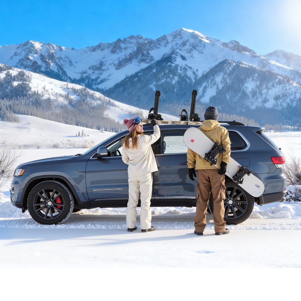 VEVOR Ski & Snowboard Roof Rack, Carry up to 4 Pairs of Skis or 2 Snowboards, 2 PCS Aluminum Universal Car Roof Rack with Lock & Rubber Padding, Carrier for Fishing Rod, Fit Most Slotted Crossbars