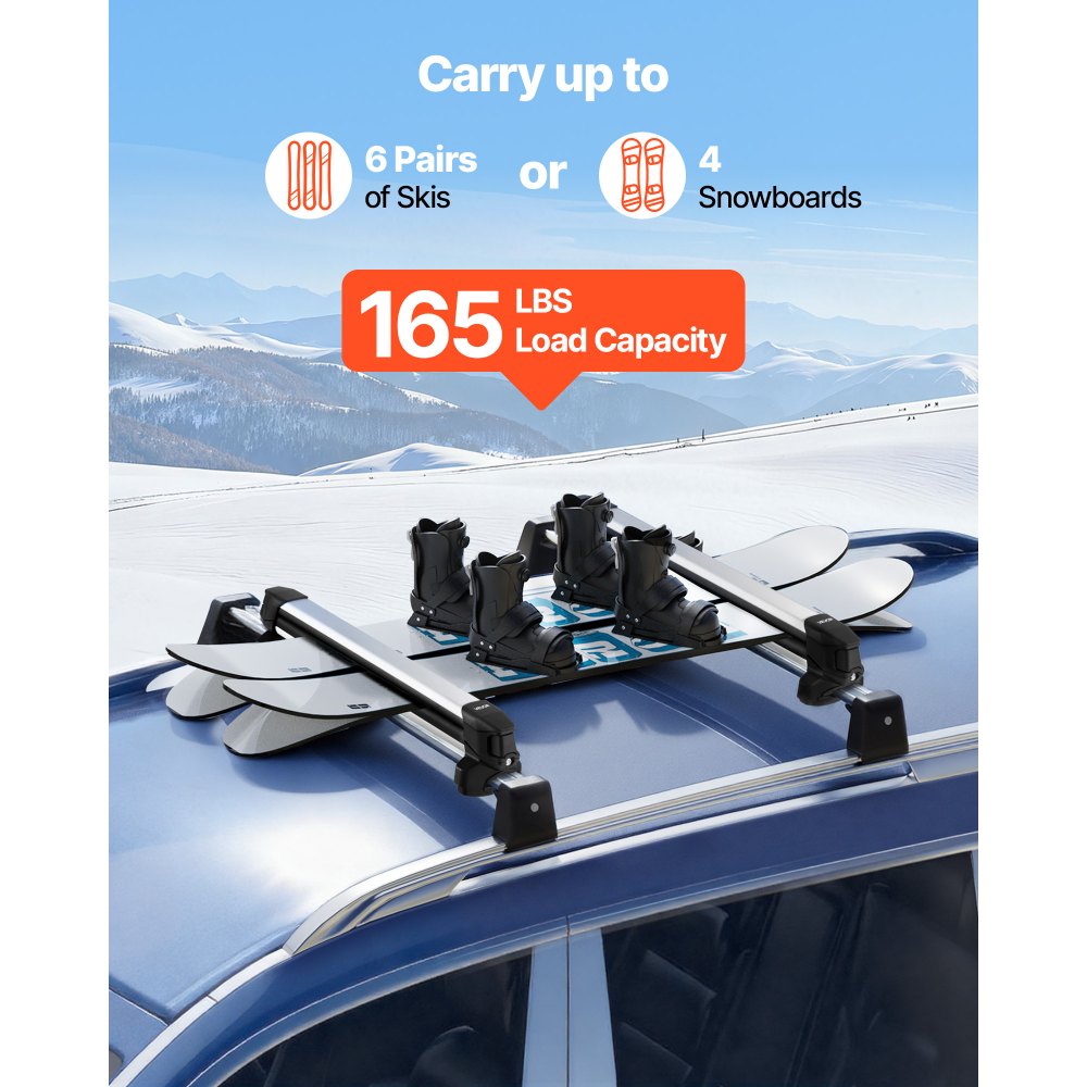 VEVOR Ski & Snowboard Roof Rack, Carry up to 6 Pairs of Skis or 4 Snowboards, 2 PCS Aluminum Universal Car Roof Rack Top Holder with Lock and Rubber Padding for Fishing Pole Rod, Fit Most Crossbars