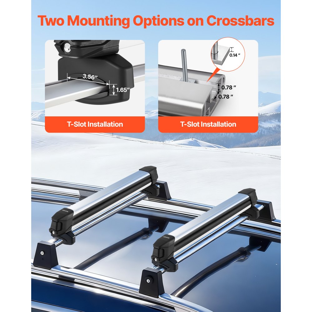 VEVOR Ski & Snowboard Roof Rack, Carry up to 6 Pairs of Skis or 4 Snowboards, 2 PCS Aluminum Universal Car Roof Rack Top Holder with Lock and Rubber Padding for Fishing Pole Rod, Fit Most Crossbars