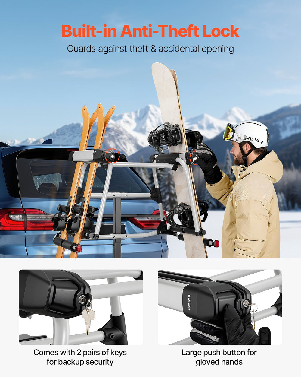 Built-in anti-theft lock with large push button and included keys
