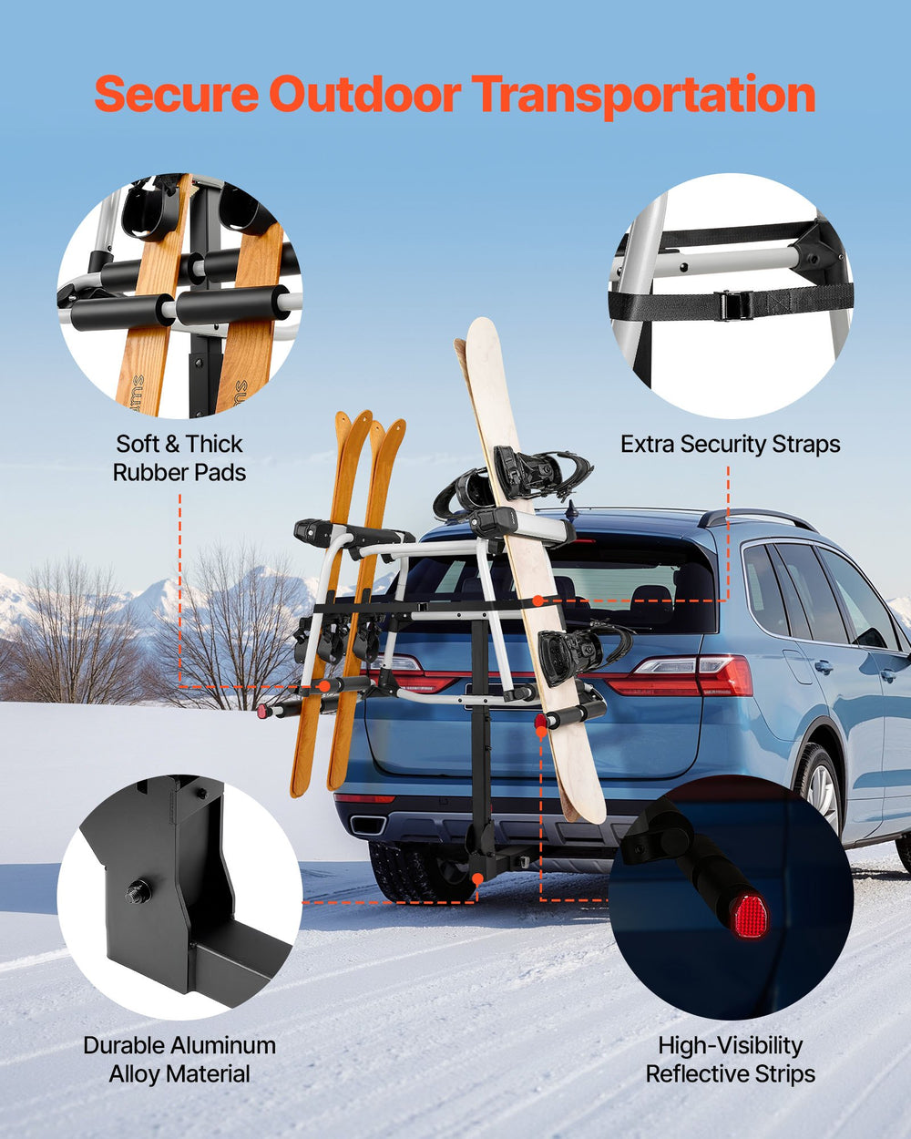 Rubber padding, extra security straps, durable aluminum alloy, reflective strips