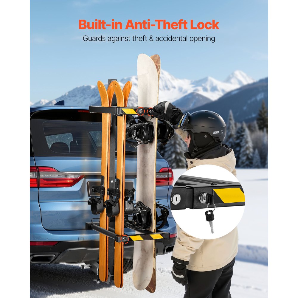 VEVOR Folding Hitch Mounted Ski & Snowboard Rack, Fits 2-Inch Receiver, Carries up to 6 Pairs of Skis or 4 Snowboards, Adjustable Hitch-Mounted Rack for Car with Key Lock, Security Strap, Tilt Access