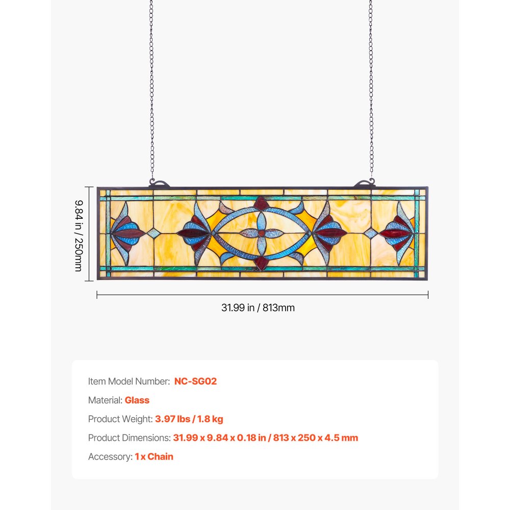 VEVOR Stained Glass Window Panel, 32 x 10 in, Tiffany Style Hanging Transom Window Panel with Chain, Large Horizontal Rectangle Stain Glass, Vintage Traditional Art Handcrafts for Kitchen Home Decor
