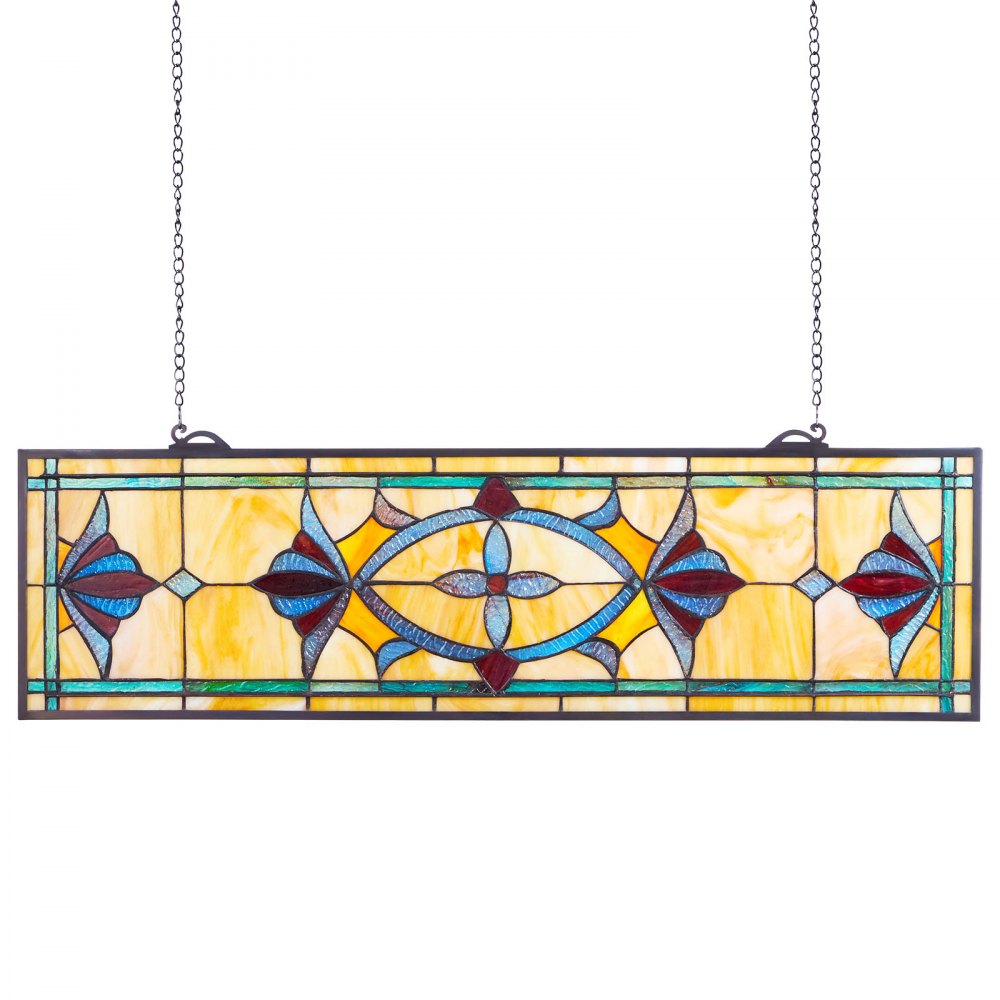 VEVOR Stained Glass Window Panel, 32 x 10 in, Tiffany Style Hanging Transom Window Panel with Chain, Large Horizontal Rectangle Stain Glass, Vintage Traditional Art Handcrafts for Kitchen Home Decor