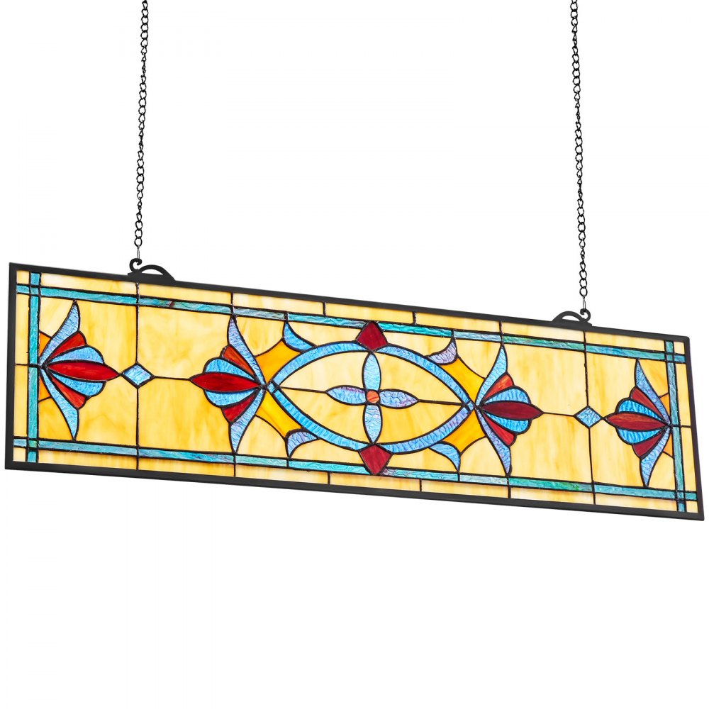 VEVOR Stained Glass Window Panel, 32 x 10 in, Tiffany Style Hanging Transom Window Panel with Chain, Large Horizontal Rectangle Stain Glass, Vintage Traditional Art Handcrafts for Kitchen Home Decor