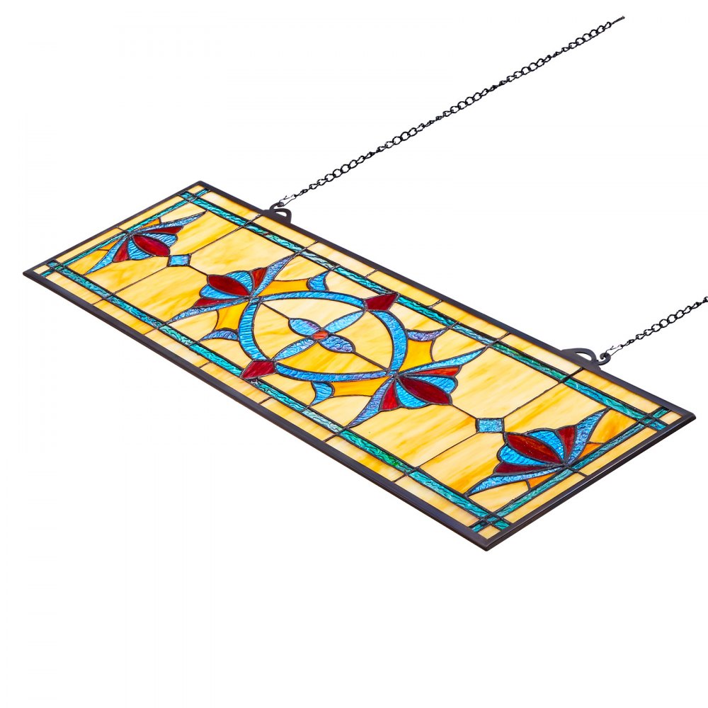 VEVOR Stained Glass Window Panel, 32 x 10 in, Tiffany Style Hanging Transom Window Panel with Chain, Large Horizontal Rectangle Stain Glass, Vintage Traditional Art Handcrafts for Kitchen Home Decor