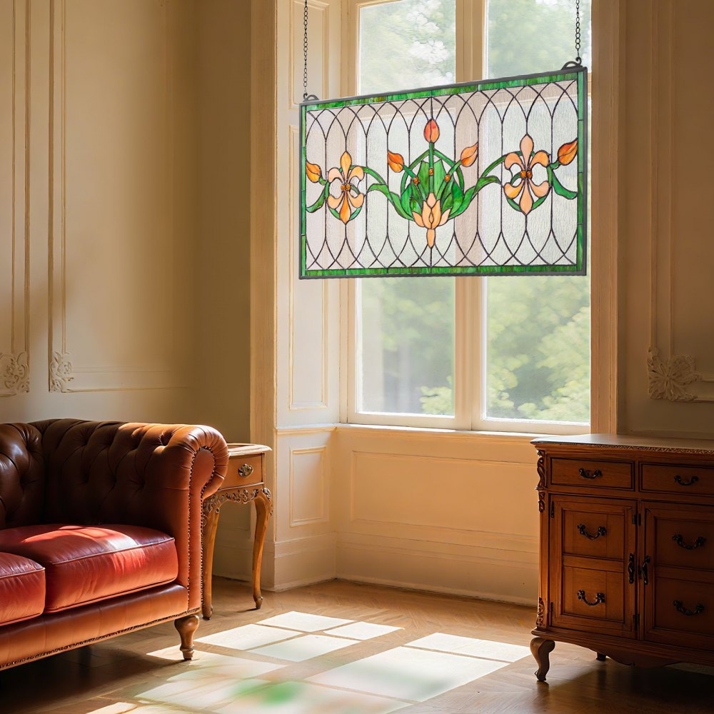 VEVOR Stained Glass Window Panel, 32 x 17 in, Tiffany Style Hanging Transom Window Panel with Chain, Large Horizontal Rectangle Stain Glass, Vintage Traditional Art Handcrafts for Kitchen Home Decor