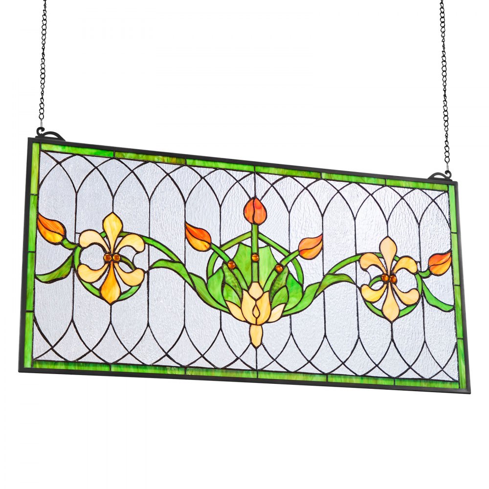 VEVOR Stained Glass Window Panel, 32 x 17 in, Tiffany Style Hanging Transom Window Panel with Chain, Large Horizontal Rectangle Stain Glass, Vintage Traditional Art Handcrafts for Kitchen Home Decor