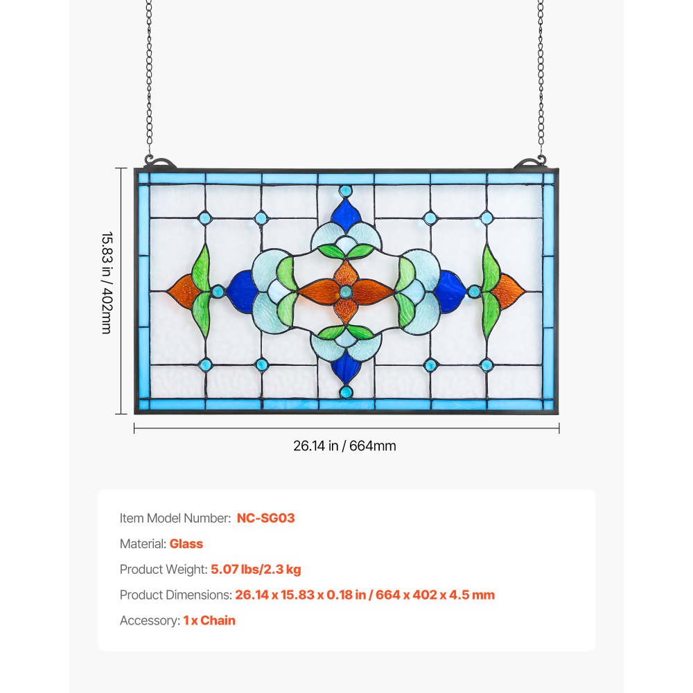 VEVOR Stained Glass Window Panel, 26 x 16 in, Tiffany Style Hanging Transom Window Panel with Chain, Large Horizontal Rectangle Stain Glass, Vintage Traditional Art Handcrafts for Kitchen Home Decor