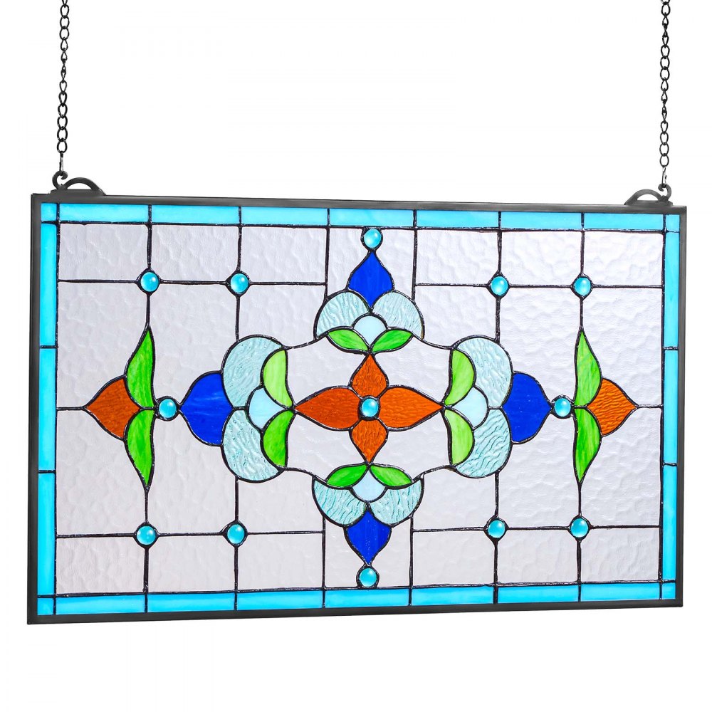 VEVOR Stained Glass Window Panel, 26 x 16 in, Tiffany Style Hanging Transom Window Panel with Chain, Large Horizontal Rectangle Stain Glass, Vintage Traditional Art Handcrafts for Kitchen Home Decor