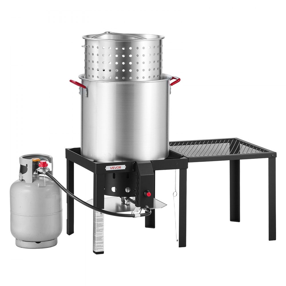 VEVOR 60 Qt Seafood Boiling Kit with Strainer, Aluminum Crawfish Boiler, Outdoor Backyard Cooking for Crab, Shrimp, Lobster, Deep Fryer Steamer Set with Side Table, Stand, 100,000 BTU Propane Burner