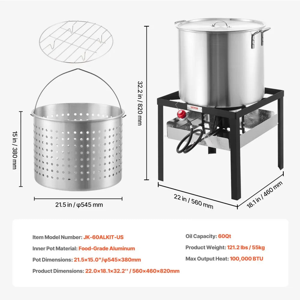 VEVOR 60 Qt Seafood Boiling Kit with Strainer, Outdoor Seafood Boil Pot and Basket, Cooking Set for Crab Crawfish Lobster Boiling, Aluminum Stockpot with 100,000 BTUs Propane Burner and Steamer Rack