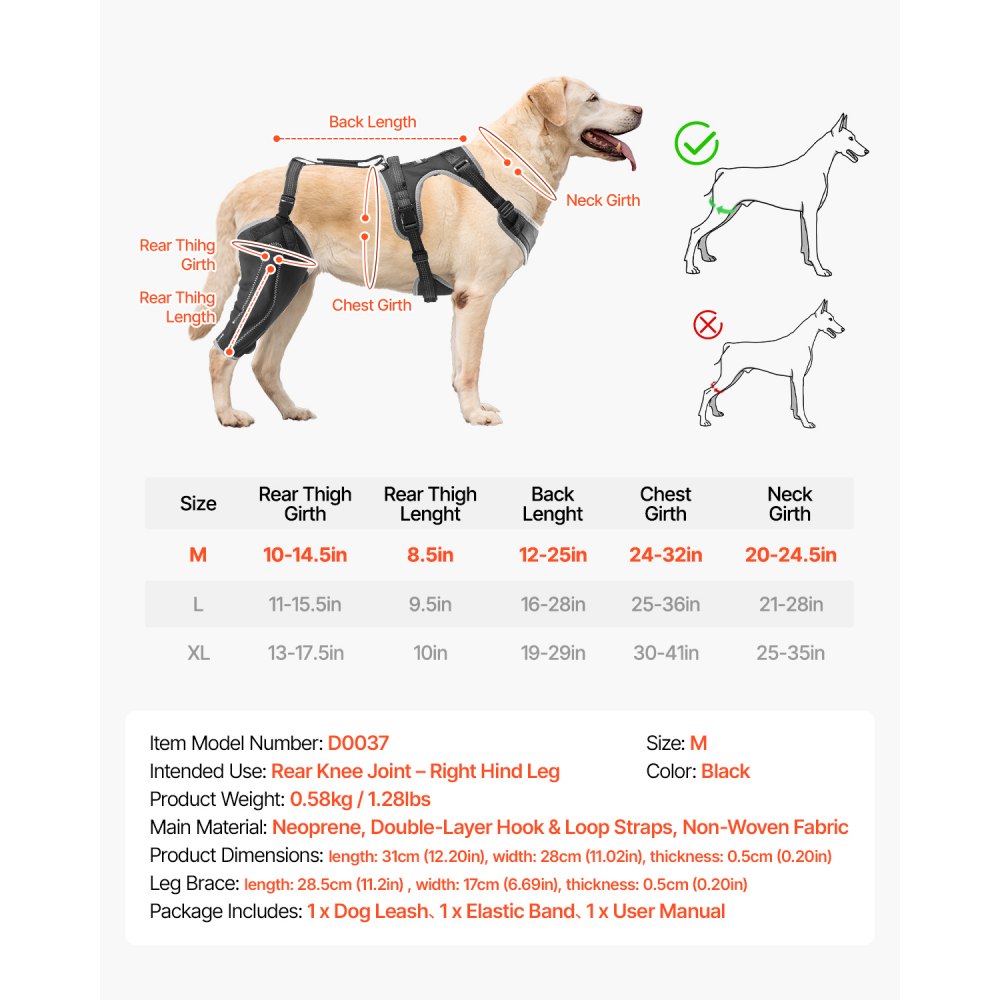 VEVOR Dog Knee Brace for Torn ACL, Dog Leg Brace with Adjustable Hinge Stabilizer, Pet Knee Support Harness for Right Hind Leg, Pain Relief, Reflective Dog Joint Support Brace for Arthritis Recovery