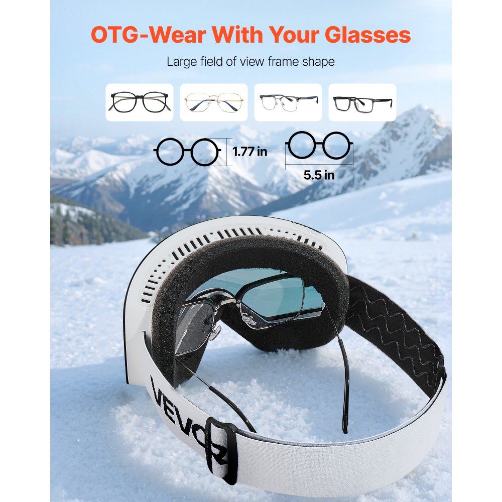 VEVOR Frameless Ski Goggles, Magnet Cylindrical Lens with Pink Revo Coating, OTG Anti fog Snow Goggles for Men Women Youth, TPU Frame & Ventilation Structure, Fit for Skiing, Skating, Snowboarding