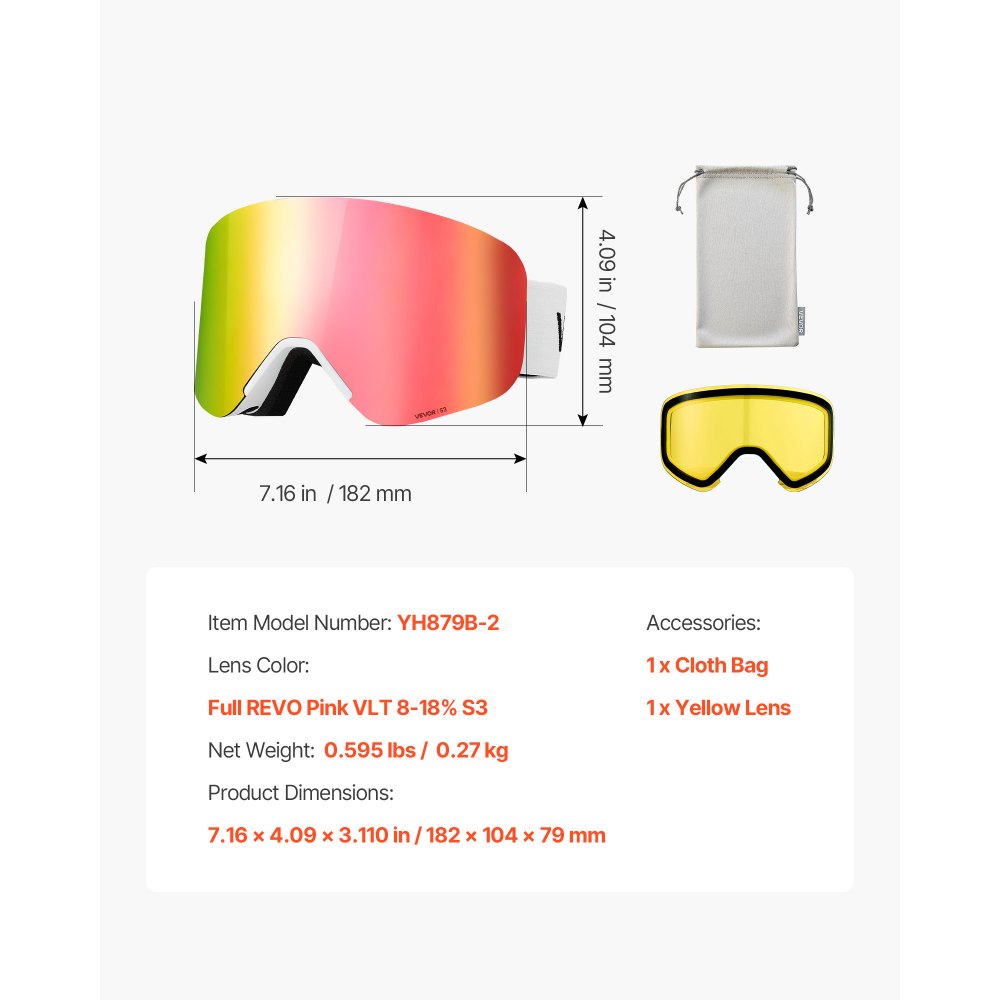 VEVOR Frameless Ski Goggles, Magnet Cylindrical Lens with Pink Revo Coating, OTG Anti fog Snow Goggles for Men Women Youth, TPU Frame & Ventilation Structure, Fit for Skiing, Skating, Snowboarding