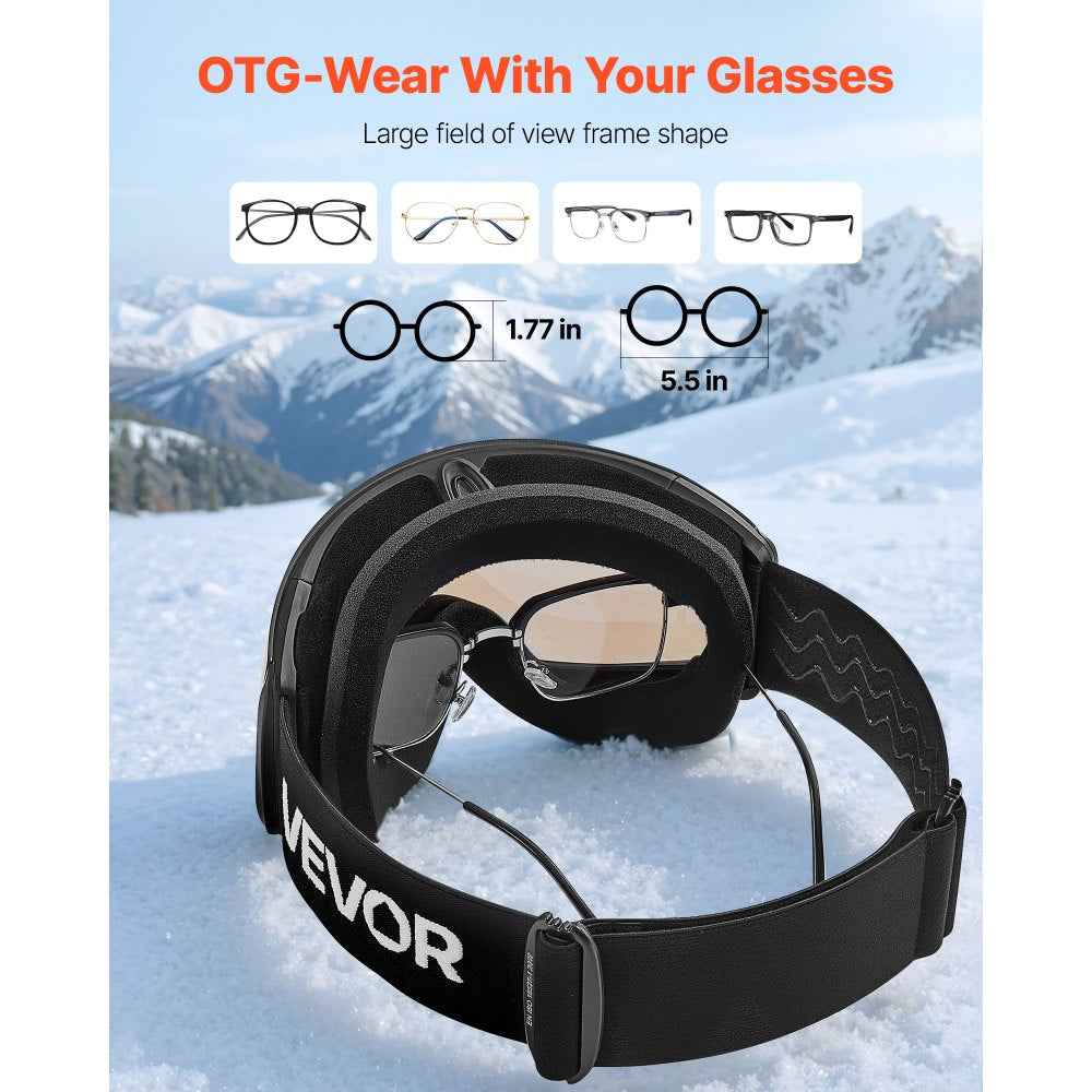 VEVOR Frameless Ski Goggles, Spherical Lens with Blue Revo Coating, OTG Anti fog Snow Goggles for Men Women Youth, TPU Frame & Ventilation Structure, Suitable for Skiing, Skating, Snowboarding