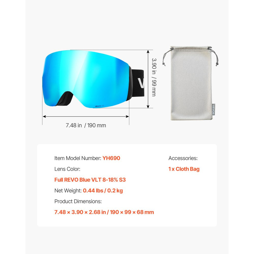 VEVOR Frameless Ski Goggles, Spherical Lens with Blue Revo Coating, OTG Anti fog Snow Goggles for Men Women Youth, TPU Frame & Ventilation Structure, Suitable for Skiing, Skating, Snowboarding