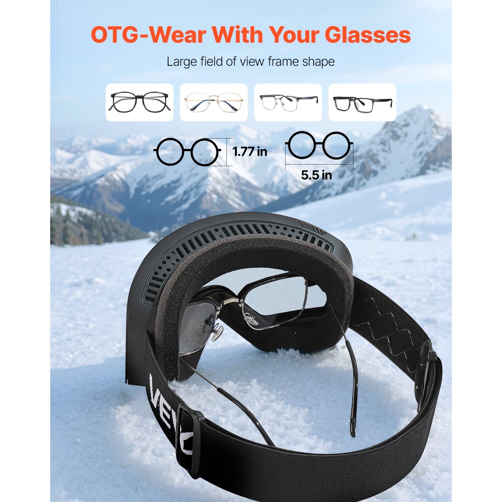 VEVOR Frameless Ski Goggles, Magnet Cylindrical Lens with Silver Mirror Revo Coating, OTG Anti fog Snow Goggles for Men Women, TPU Frame & Ventilation Structure, Fit for Skiing, Skating, Snowboarding