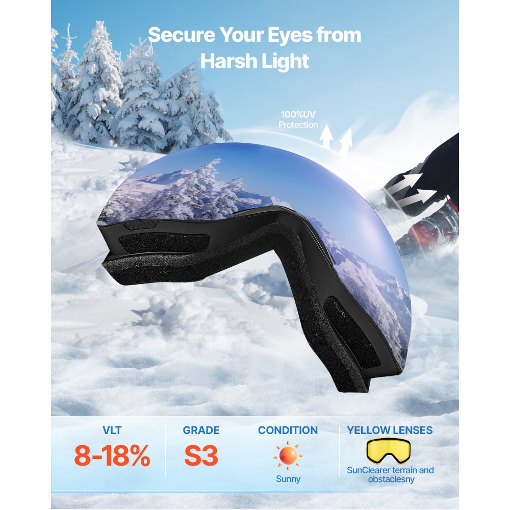 VEVOR Frameless Ski Goggles, Magnet Cylindrical Lens with Dark Blue Revo Coating, OTG Anti fog Snow Goggles for Men Women, TPU Frame & Ventilation Structure, Fit for Skiing, Skating, Snowboarding