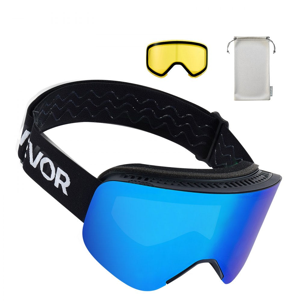 VEVOR Frameless Ski Goggles, Magnet Cylindrical Lens with Dark Blue Revo Coating, OTG Anti fog Snow Goggles for Men Women, TPU Frame & Ventilation Structure, Fit for Skiing, Skating, Snowboarding