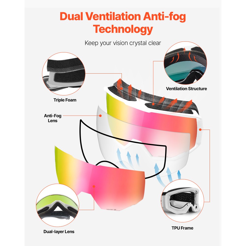 VEVOR Ski Goggles, Cylindrical Lens with Pink Revo Coating, OTG Anti fog Snow Goggles for Men Women Youth, TPU Frame & Ventilation Structure, Suitable for Skiing, Skating, Snowboarding, Cycling