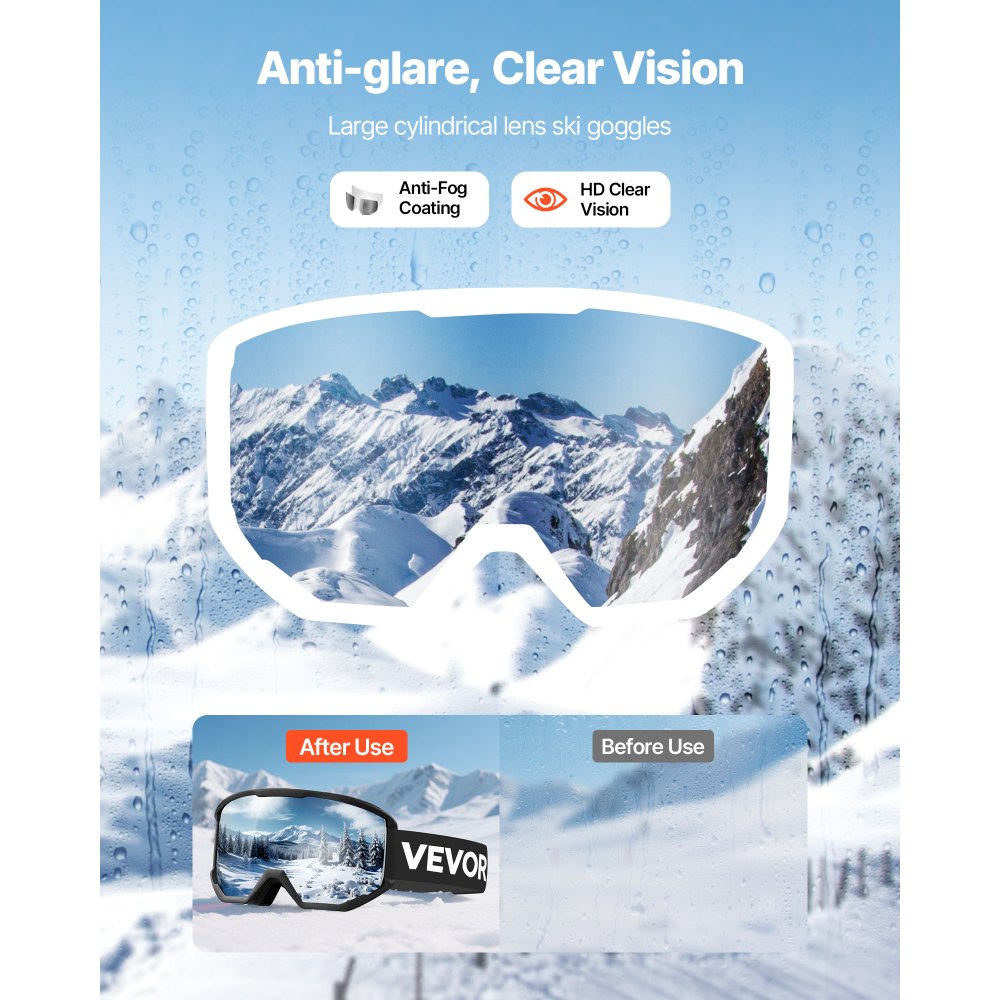 VEVOR Ski Goggles, Cylindrical Lens with Silver Mirror Revo Coating, OTG Anti fog Snow Goggles for Men Women Youth, TPU Frame & Ventilation Structure, Suitable for Skiing, Skating, Snowboarding, Cycling