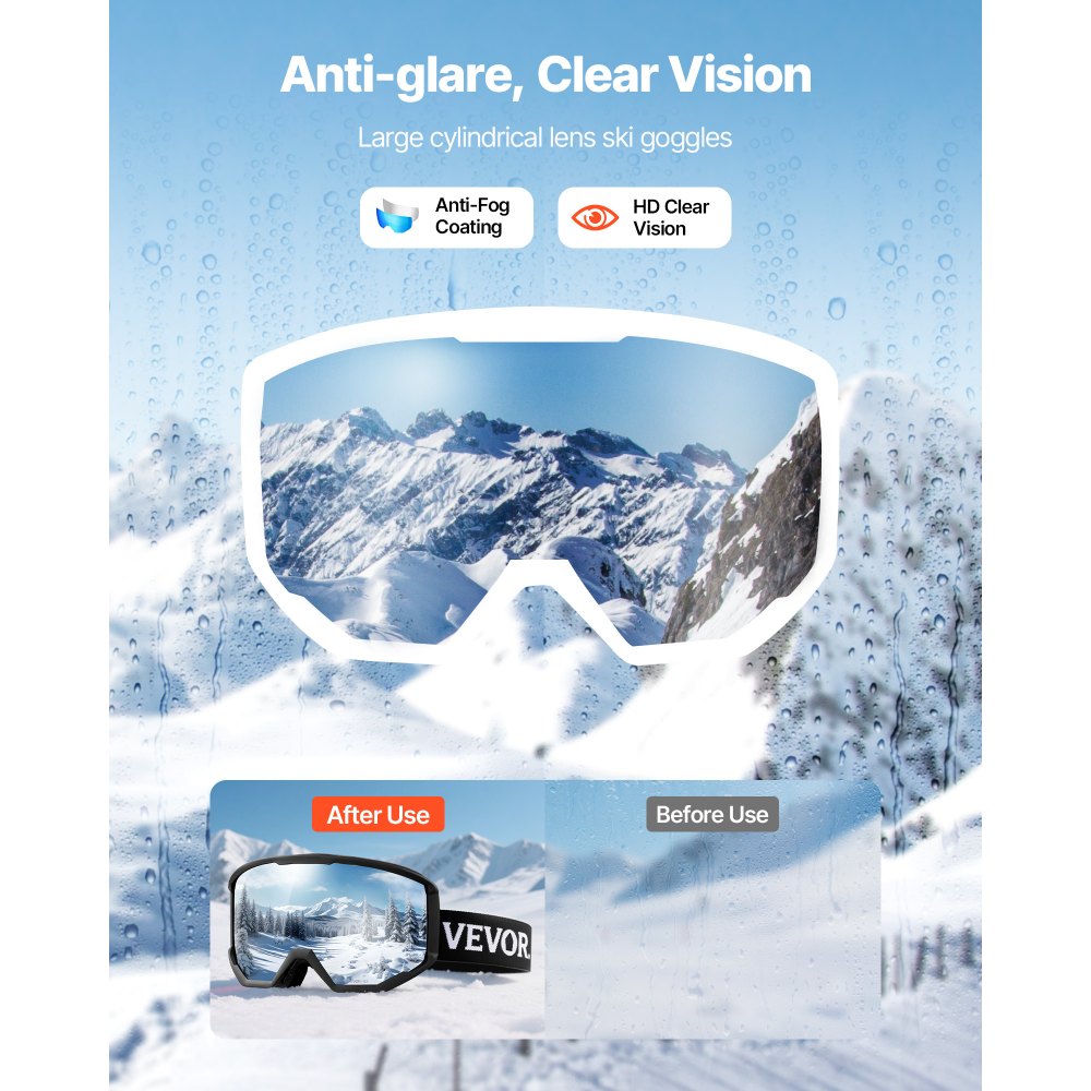 VEVOR Ski Goggles, Cylindrical Lens with Ice Blue Revo Coating, OTG Anti fog Snow Goggles for Men Women Youth, TPU Frame & Ventilation Structure, Suitable for Skiing, Skating, Snowboarding, Cycling