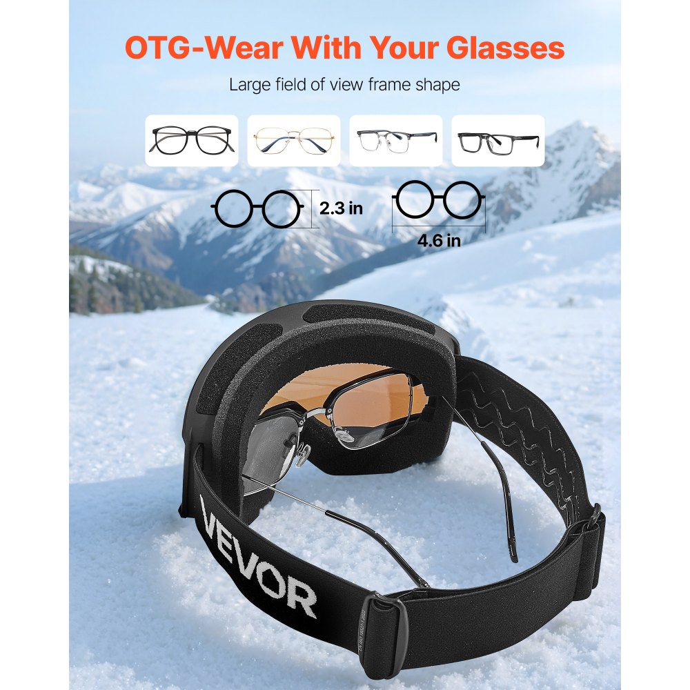 VEVOR Ski Goggles, Cylindrical Lens with Ice Blue Revo Coating, OTG Anti fog Snow Goggles for Men Women Youth, TPU Frame & Ventilation Structure, Suitable for Skiing, Skating, Snowboarding, Cycling