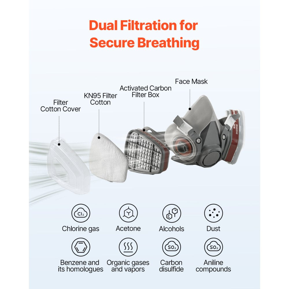 VEVOR Respirator Mask, Reusable Half Face Cover with Safety Glasses and Filters, Organic Vapor Mask and Dust-proof Face Cover, for Painting, Polishing, Welding, Woodworking and Other Work Protection