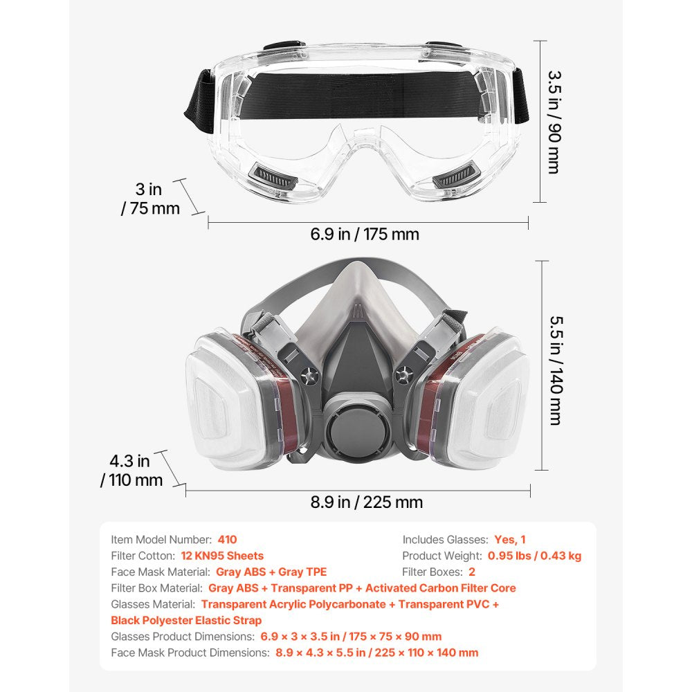 VEVOR Respirator Mask, Reusable Half Face Cover with Safety Glasses and Filters, Organic Vapor Mask and Dust-proof Face Cover, for Painting, Polishing, Welding, Woodworking and Other Work Protection