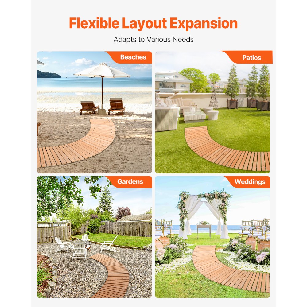 VEVOR Wooden Garden Pathway, 7 ft x 17 in, Non-Slip Curved Garden Walkway, Roll Out Cedar Outdoor Walkway Path with Wire Rope Connection, Decorative Lawn Paver for Backyard Boardwalk Wedding Party