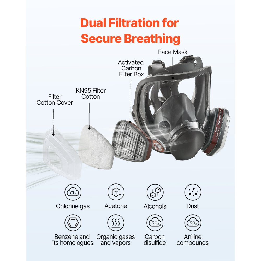 VEVOR Respirator Mask, Reusable Respirator Full Face Gas Cover with Filters, Organic Vapor Mask and Dust-proof Face Cover, for Painting, Polishing, Welding, Woodworking and Other Work Protection