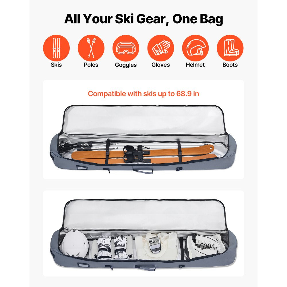 VEVOR Snowboard Bag, Up to 65 in/165 cm, Padded Skis & Snowboards Bag for Air Travel, 600D Waterproof Oxford Fabric, with Adjustable Inner Straps, for Skis Poles Goggles Gloves Helmet Boots (Gray)