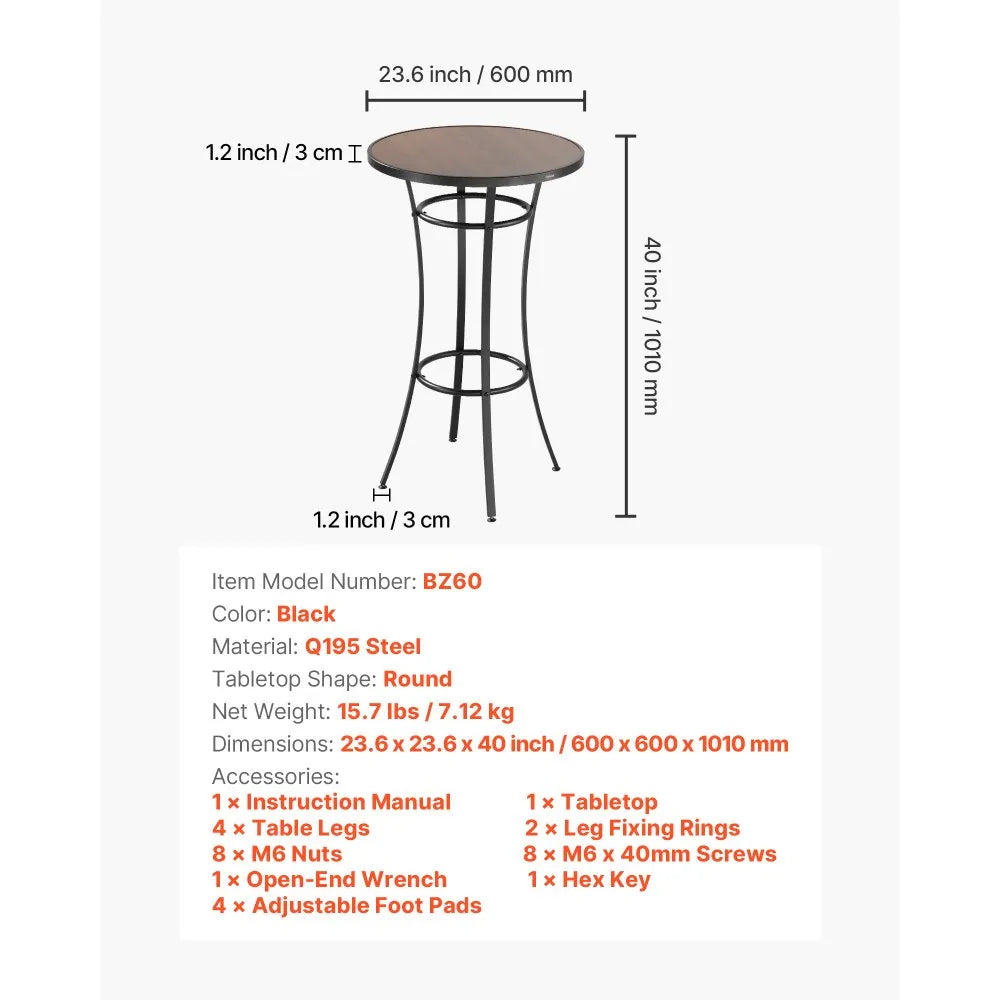 VEVOR Outdoor Round Bar Table, 23.7 in Counter Bar Height Bistro Table, Patio Dining Tables with Easy-to-Clean Top & Sturdy Metal Frame, Indoor High Top Pub Tables for Small Places, Kitchen