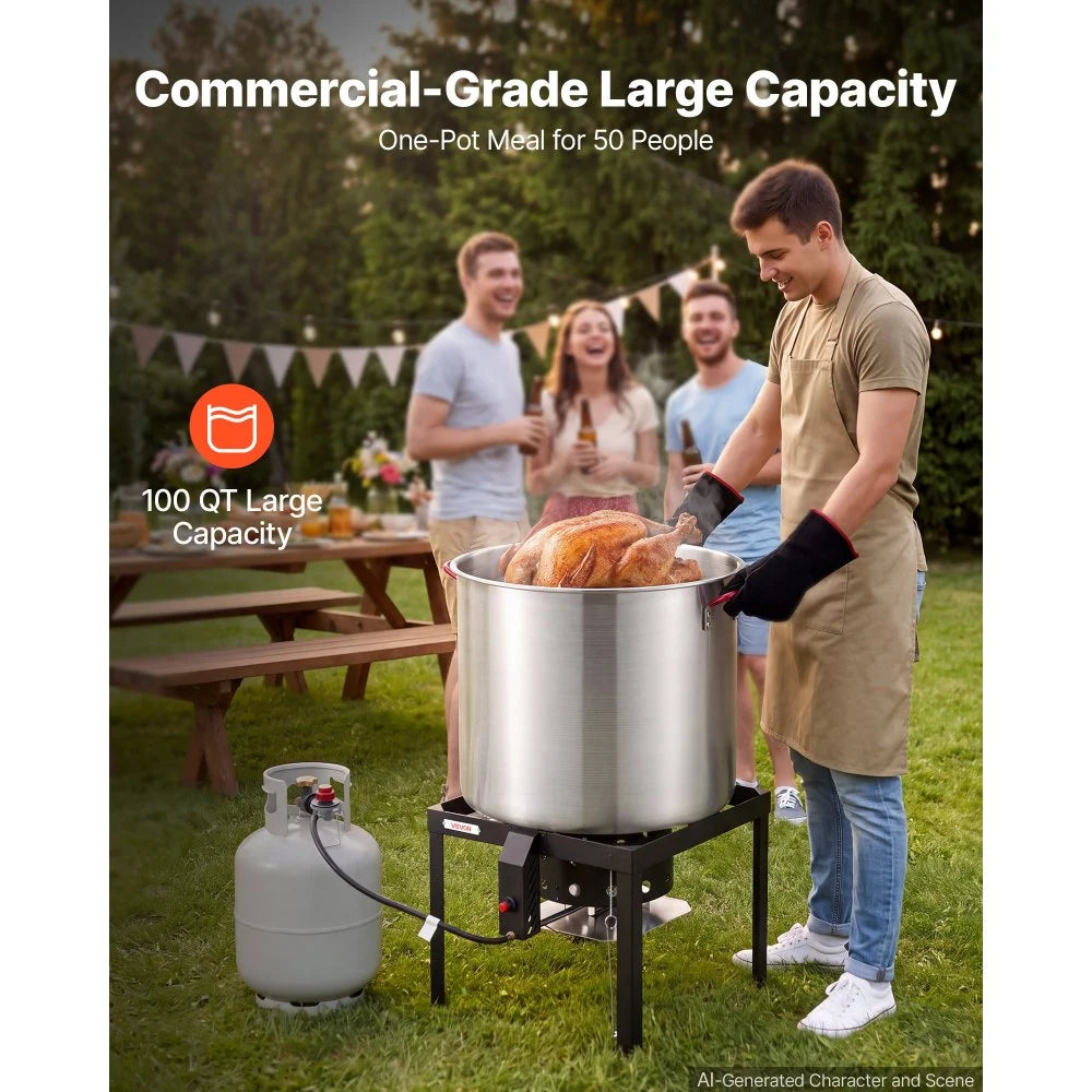 VEVOR 100 Qt Seafood Boiling Kit with Strainer, Aluminum Crawfish Boiler, Outdoor Backyard Cooking for Crab, Shrimp, Lobster, Soup, Deep Fryer Steamer Set with Stand and 110,000 BTU Propane Burner
