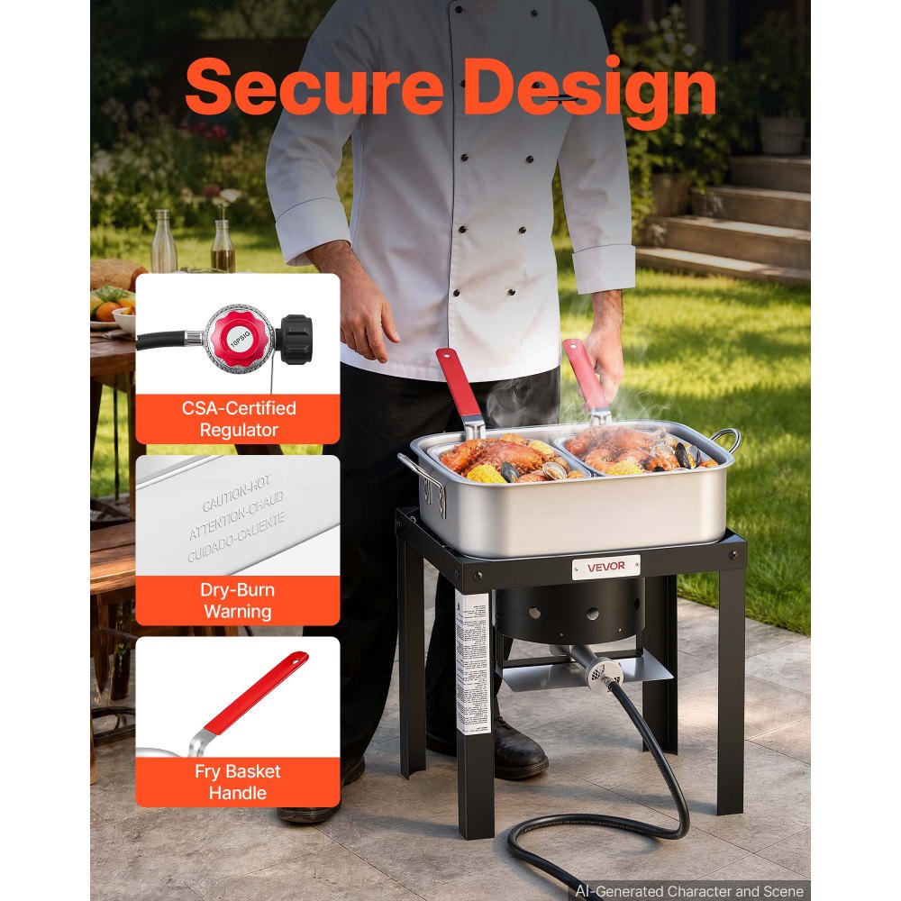 VEVOR 18 Qt Fish and Wing Fryer Aluminum Propane Boiler Kit Double Basket, Outdoor Cooker for Fish, Fries, Chicken Wings, Shellfish, and Crab, Seafood Cooking Pot with Stand, Handle, 54,000 BTU Burner