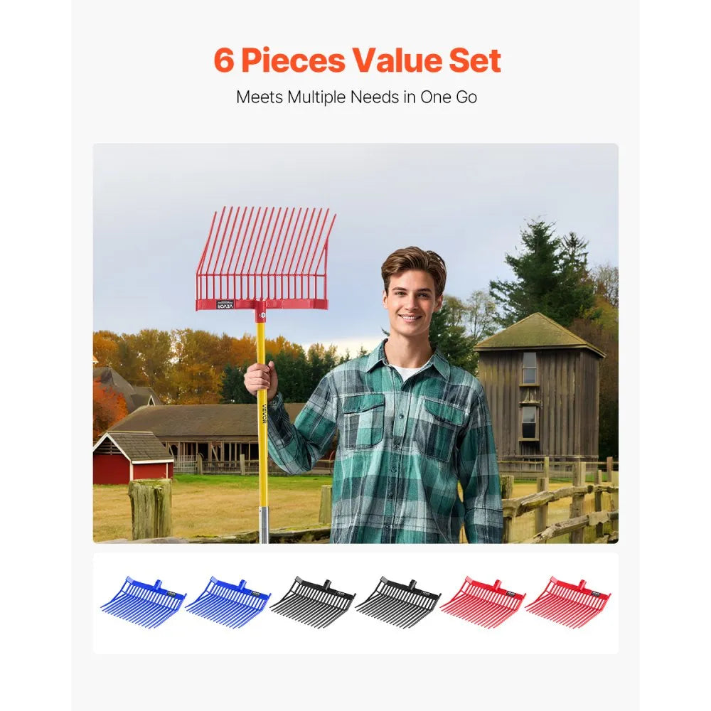 VEVOR 6PCS Manure Fork Replacement Head, 18 Angled Tines Horse Manure Fork Head, Durable Plastic Pitchfork Heads, Horse Mulch Rake for Picking up Stable Stall Muck Grass Hay Cleaning Farm Work